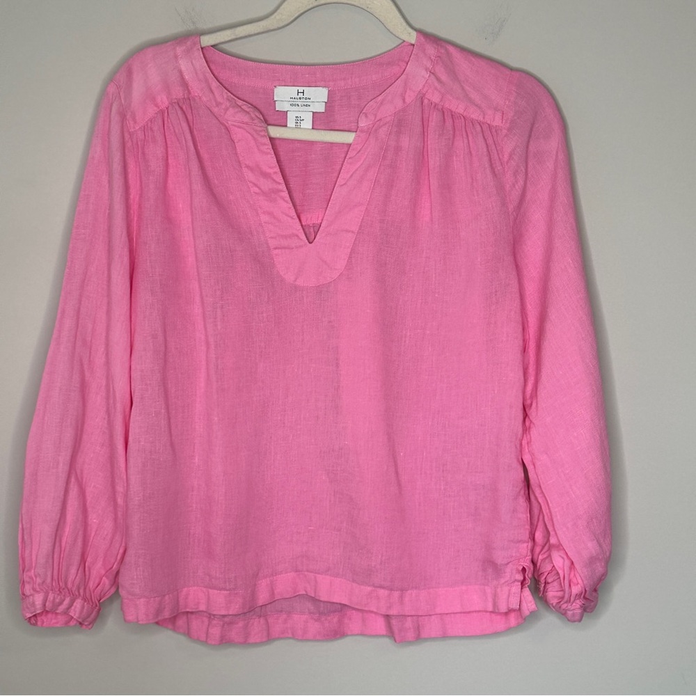 Halston Pink linenโ popover blouse top Size Small Breathable Airy Lightweight